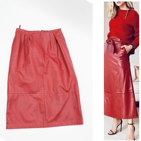 Vintage Red Leather Midi Skirt High Waisted A-Line Classic Retro Style Sz. M - Picture 1 of 8
